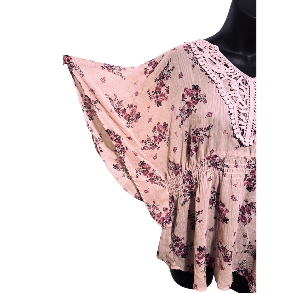 Candies Y2K Floral Boho Festival Crochet V-Neck Flutter Sleeve Sheer Blouse Top - Picture 4 of 7